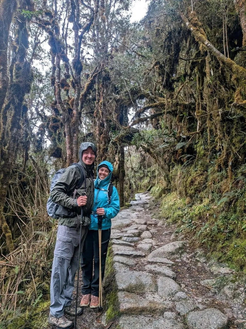 Hikers on the stone path of the Inca Trail