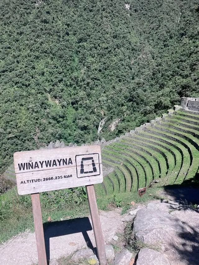 Wiñay Wayna sign and its agricultural terraces